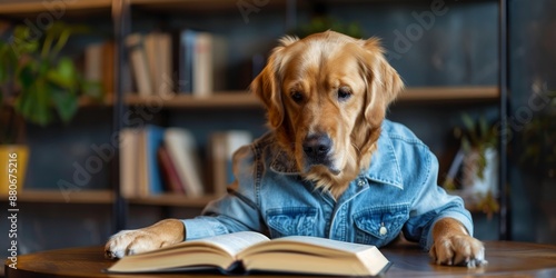 Abstract Wallpaper of a Yellow Dog in a Denim Shirt Reading at a Desk: Creative Pet Concept for World Reading Day and Freelance Online Work Themes,Become a bestseller for creative pet party art, © Da