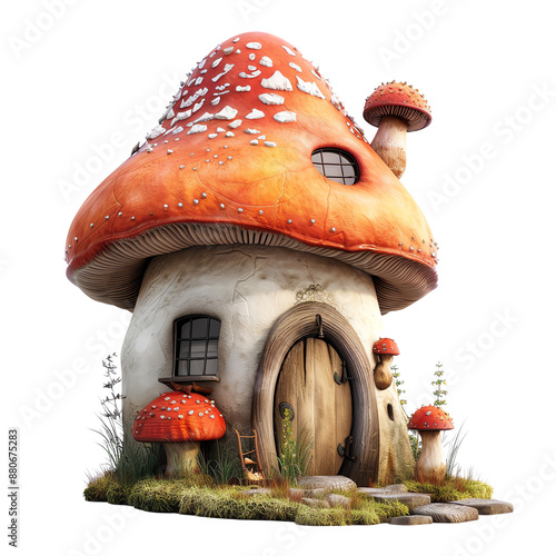 Whimsical mushroom house with a red cap roof and round windows, perfect for fairytale or fantasy-themed designs and stories.