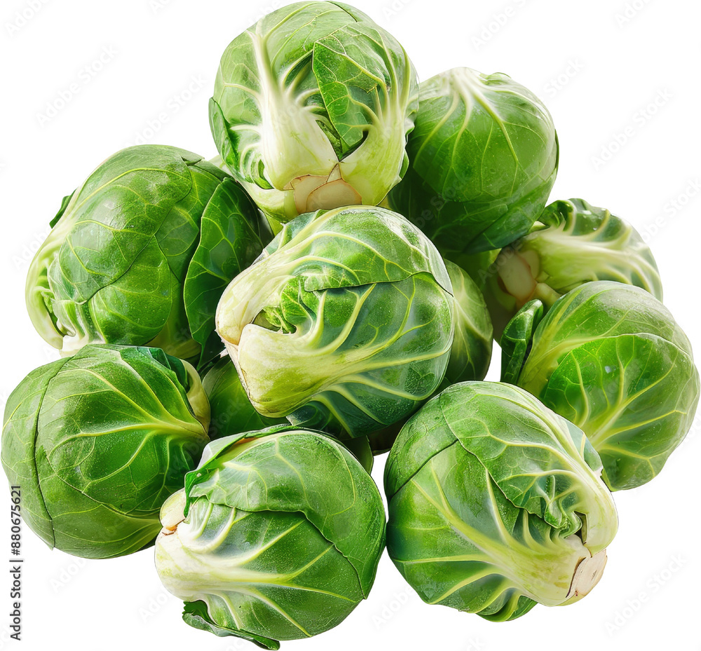 Fototapeta premium Fresh green Brussels sprouts on white background. Perfect for healthy cooking, nutrition, and vegetarian cuisine.