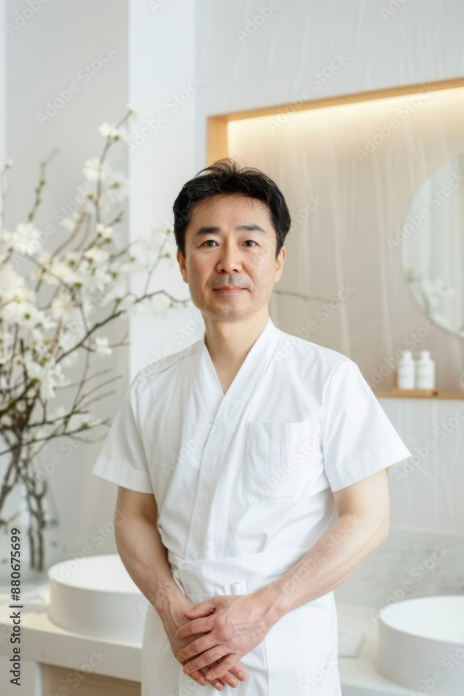 A Korean dermatologist standing in a bright clinic with floral decorations, wearing a white uniform A Korean dermatologist standing in a bright clinic with floral decorations, wearing a white uniform