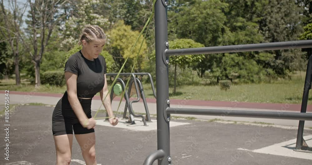 A fit woman exercises with a resistance band in a park, promoting outdoor fitness and strength training in a natural setting.
