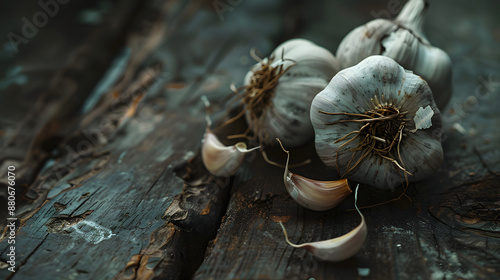 Closeup of organic garlic bulbs on rustic wooden background