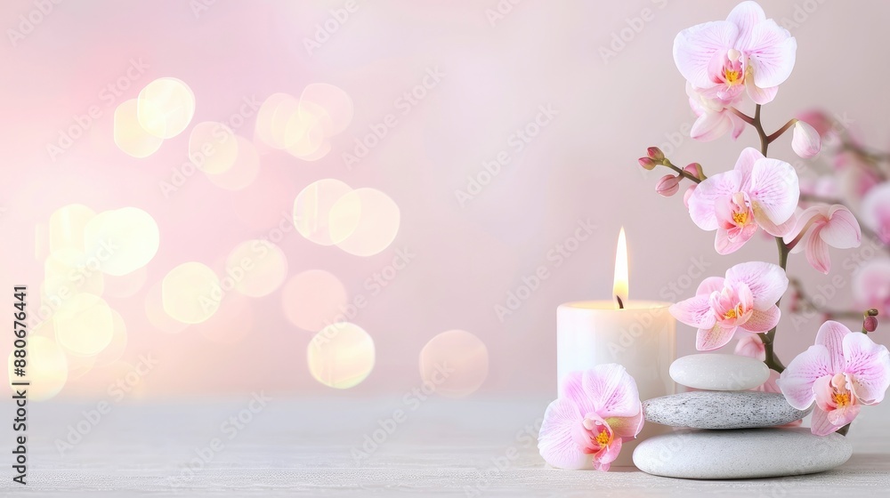 Spa background with orchid, candle and massage stones on wooden table with blur bokeh light background Spa background with orchid, candle and massage stones on wooden table with blur bokeh light background