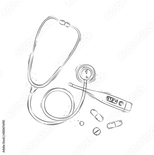 Stethoscope, electronic thermometer and pills composition for medical purposes drawing in graphic style on white background