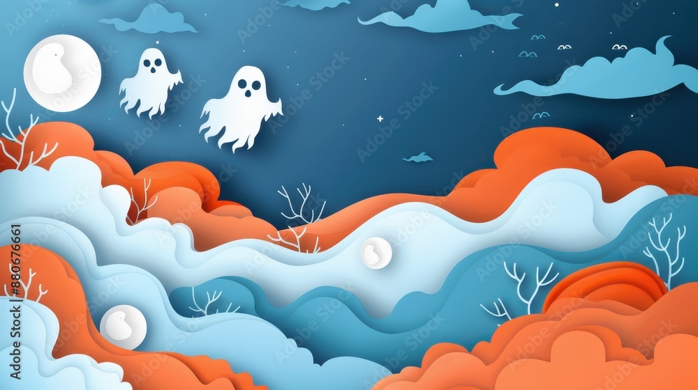 A Halloween themed drawing of ghosts flying through the sky A Halloween themed drawing of ghosts flying through the sky