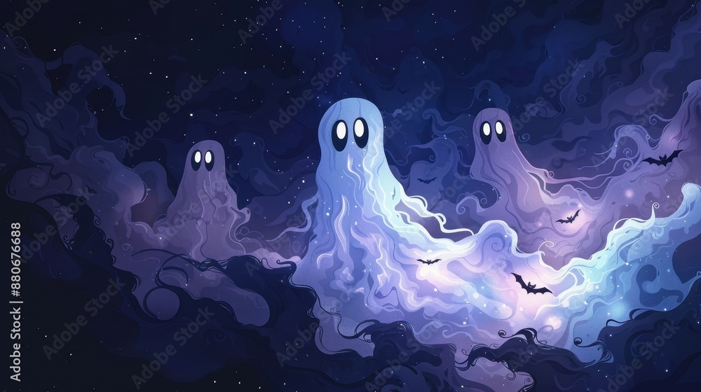 Three ghostly creatures are floating in the sky, surrounded by bats Three ghostly creatures are floating in the sky, surrounded by bats