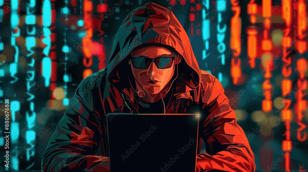 A man is sitting in front of a laptop computer with a hood over his head A man is sitting in front of a laptop computer with a hood over his head