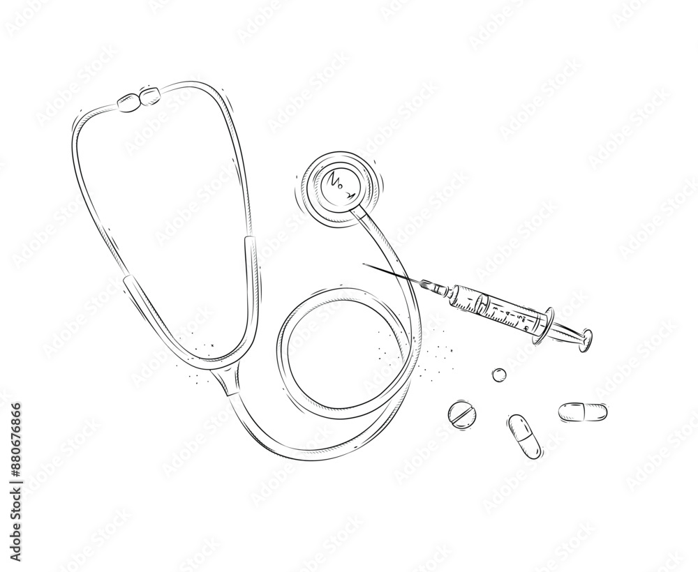 Stethoscope, syringe and pills composition for medical purposes drawing in graphic style on white background