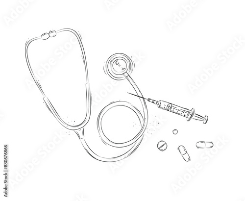Obraz na płótnie Stethoscope, syringe and pills composition for medical purposes drawing in graphic style on white background w salonie
