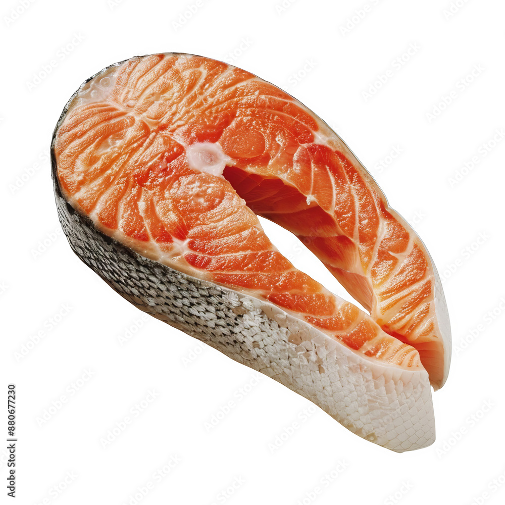 A slice of frozen salmon fillet isolated on transparent background, png. A slice of frozen salmon fillet isolated on transparent background, png.