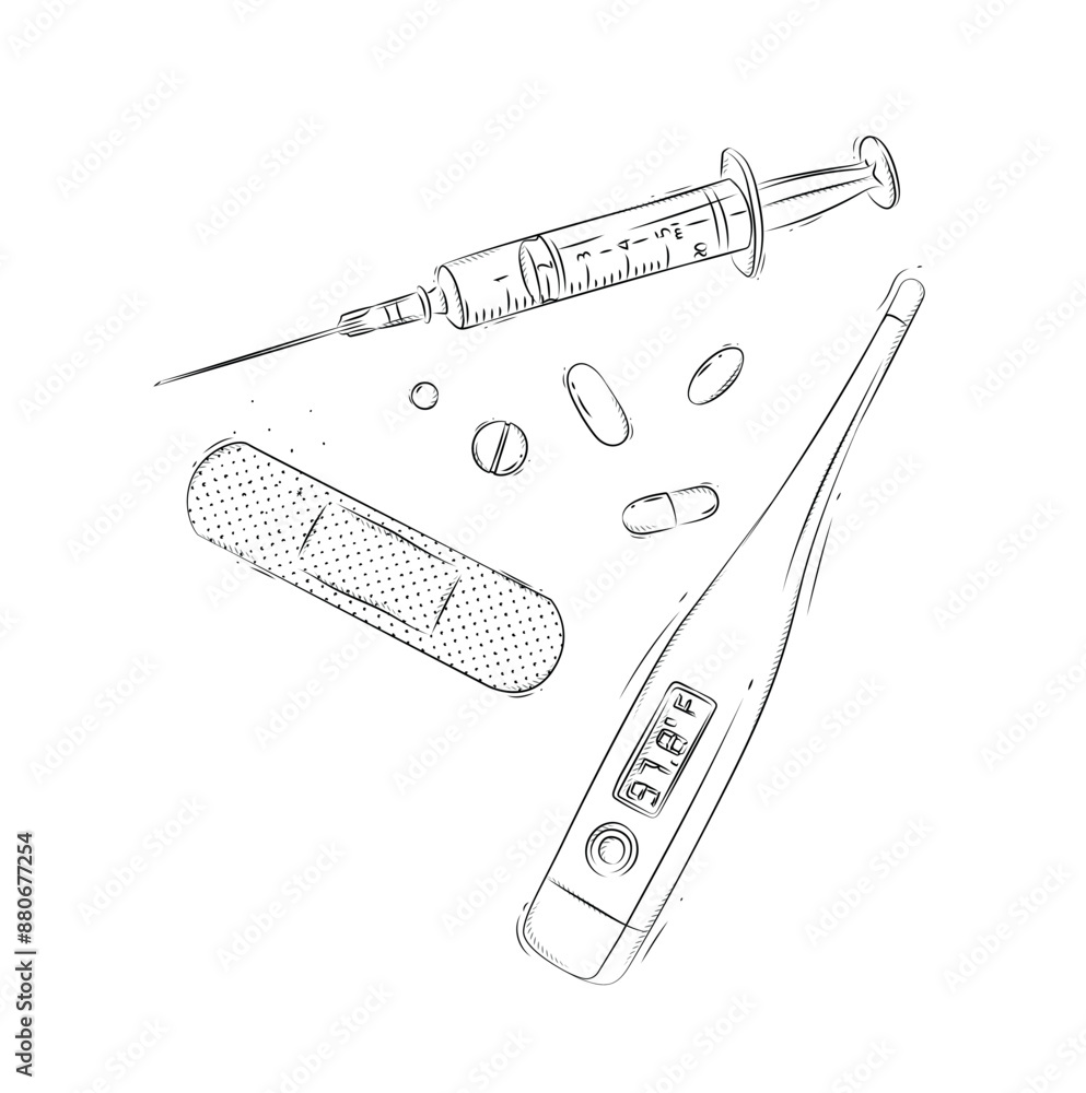 Syringe, electronic thermometer, pills and plaster composition for medical purposes drawing in graphic style on white background