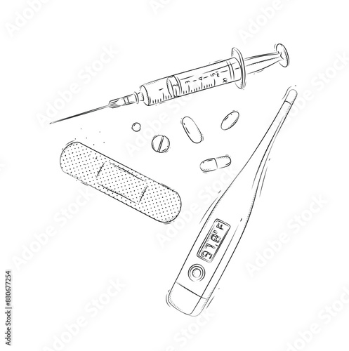 Obraz na płótnie Syringe, electronic thermometer, pills and plaster composition for medical purposes drawing in graphic style on white background w salonie