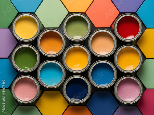 Latas abiertas con pinturas multicolores brillantes dispuestas sobre un fondo geométrico colorido que representa el concepto de suministros de reparación y renovación del hogar