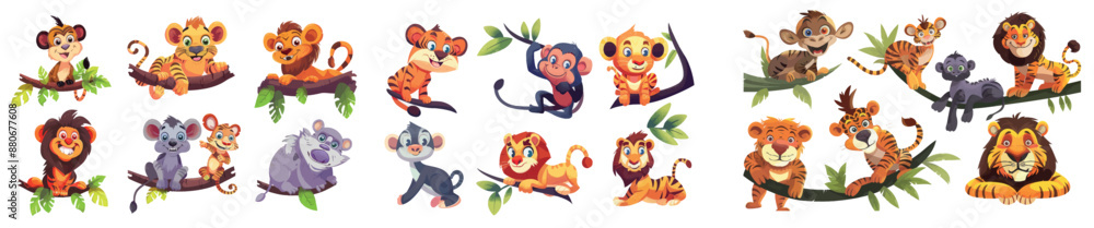 Cartoon cartoon wild animals, including a tiger, a monkey, a hyena, a zebra, and a lion and ape. Predators and herbivores, isolated modern illustrations. Cartoon cartoon wild animals, including a tiger, a monkey, a hyena, a zebra, and a lion and ape. Predators and herbivores, isolated modern illustrations.