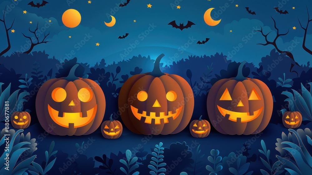 A group of pumpkins with their mouths open and eyes wide, with a dark background A group of pumpkins with their mouths open and eyes wide, with a dark background