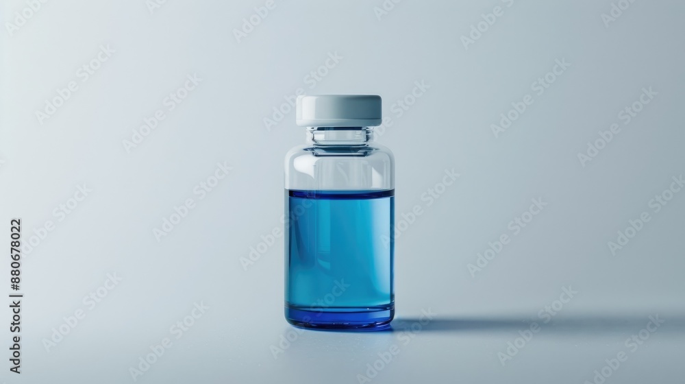 Blue liquid filled glass vial with white label on white background Blue liquid filled glass vial with white label on white background