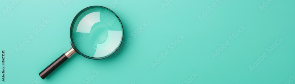 Magnifying glass with a black handle on a mint green background, symbolizing search, exploration, and discovery in a minimalistic setting. Magnifying glass with a black handle on a mint green background, symbolizing search, exploration, and discovery in a minimalistic setting.