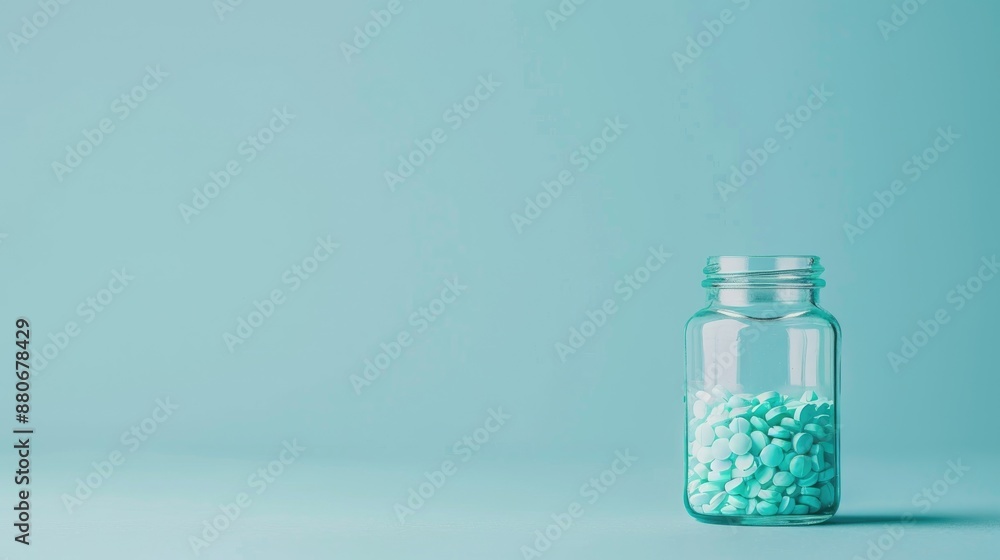 Antidepressant pills in a glass bottle on blue background Medication for mental health Concept of healing with medication Antidepressant pills in a glass bottle on blue background Medication for mental health Concept of healing with medication