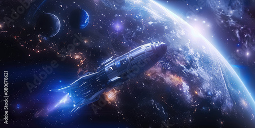 Fototapeta Naklejka Na Ścianę i Meble -  Beautiful space scenery, small white spaceship shuttle in the space and small blue and purple planet background, the planet takes smaller place then space scenery in background. Generative AI.