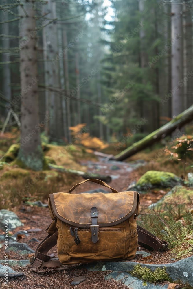 A rugged and well-worn brown backpack situated in the middle of a tranquil, lush, and dense forest pathway, surrounded by the natural beauty of towering trees and a serene atmosphere A rugged and well-worn brown backpack situated in the middle of a tranquil, lush, and dense forest pathway, surrounded by the natural beauty of towering trees and a serene atmosphere