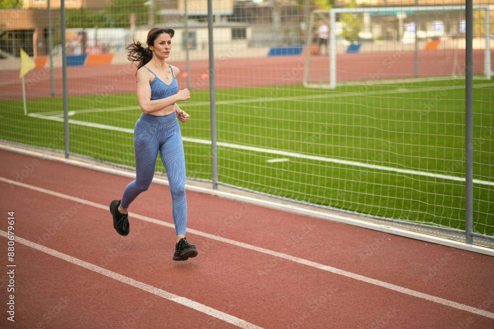 Running on a track, the woman in blue sports gear exhibits determination and focus. This scene promotes the advantages of regular cardiovascular workouts for enhancing physical fitness and mental Running on a track, the woman in blue sports gear exhibits determination and focus. This scene promotes the advantages of regular cardiovascular workouts for enhancing physical fitness and mental
