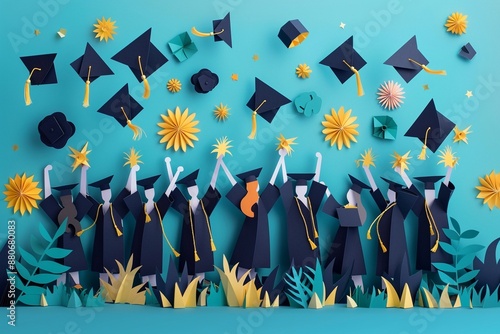 A group of graduates throwing their caps in the air with paper cut fireworks and a blue sky on a light blue background a celebratory graduation moment