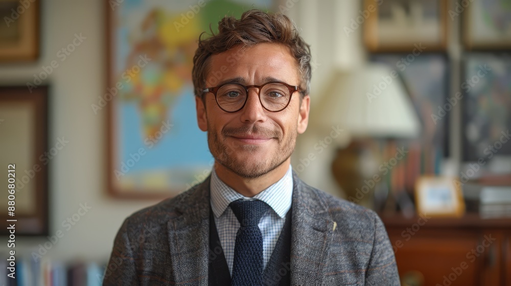 A professional and confident middle-aged man with glasses and a suit smiling warmly in an office filled with books and maps, reflecting a scholarly and well-traveled background A professional and confident middle-aged man with glasses and a suit smiling warmly in an office filled with books and maps, reflecting a scholarly and well-traveled background