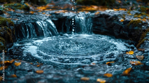 A mesmerizing natural pond with a small waterfall surrounded by rocks and fallen autumn leaves in a picturesque and serene environment