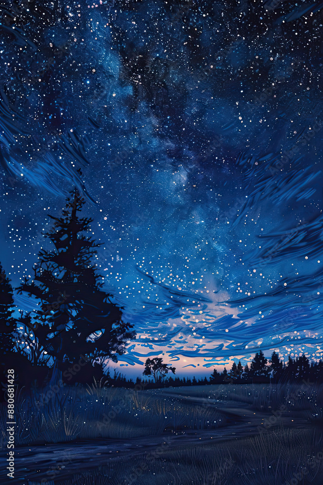 A painting of a stack of a starry night sky A painting of a stack of a starry night sky