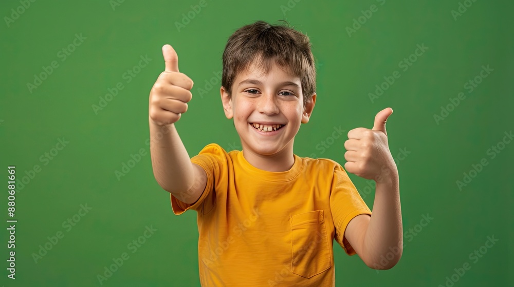 Smiling young boy giving thumbs up, on a solid color background. Smiling young boy giving thumbs up, on a solid color background.