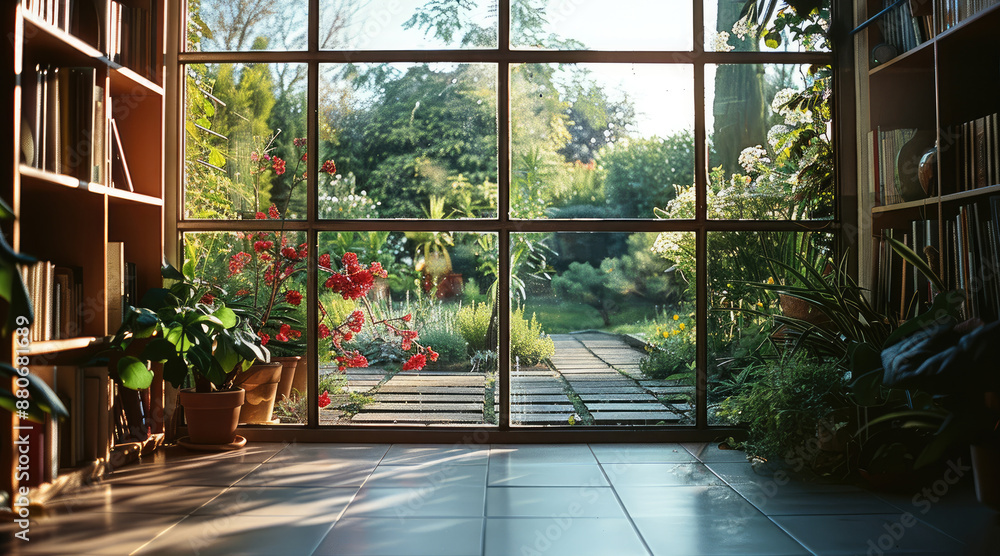 Large, glass windows, behind are garden views. Generative AI. Large, glass windows, behind are garden views. Generative AI.