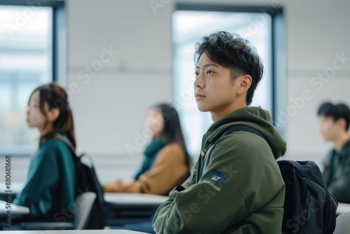 A Japanese male university student is sitting at the front of an empty classroom, while his female teacher sits on her desk and looks up with curiosity.