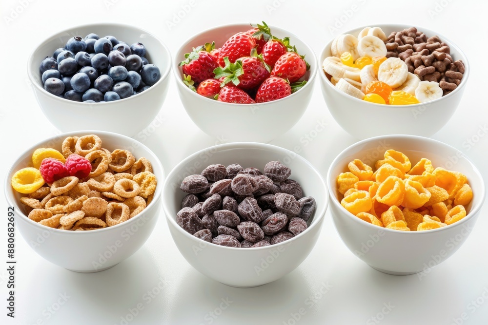 Variety of Cold Cereals in White Bowls for Quick Breakfast Option Variety of Cold Cereals in White Bowls for Quick Breakfast Option