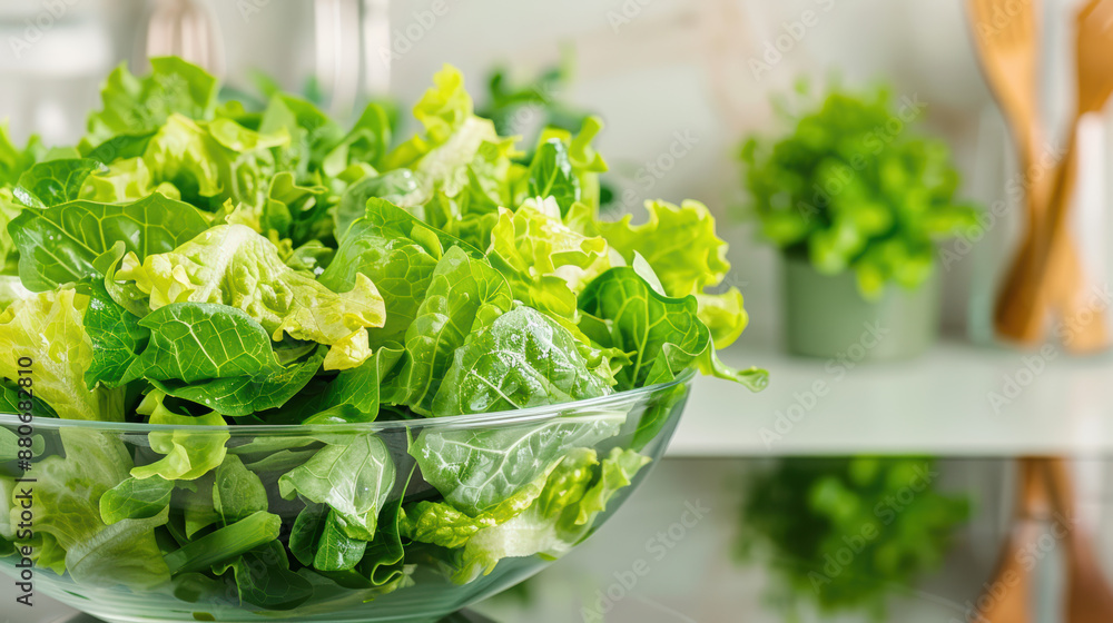 Fresh green lettuce leaves in a glass bowl on a kitchen counter, ideal for healthy eating and vegetarian lifestyle concepts. Fresh green lettuce leaves in a glass bowl on a kitchen counter, ideal for healthy eating and vegetarian lifestyle concepts.