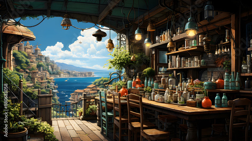 A charming, cluttered alchemist's workshop built into a hillside town overlooking the sea. Sunlight streams in from the open storefront,. © Aditya