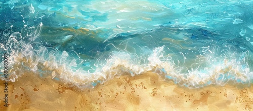 Acrylic painting of an ocean scene with textured golden sand beach blue and turquoise waves and a hand painted water splash all against a scenic backdrop with a copy space image