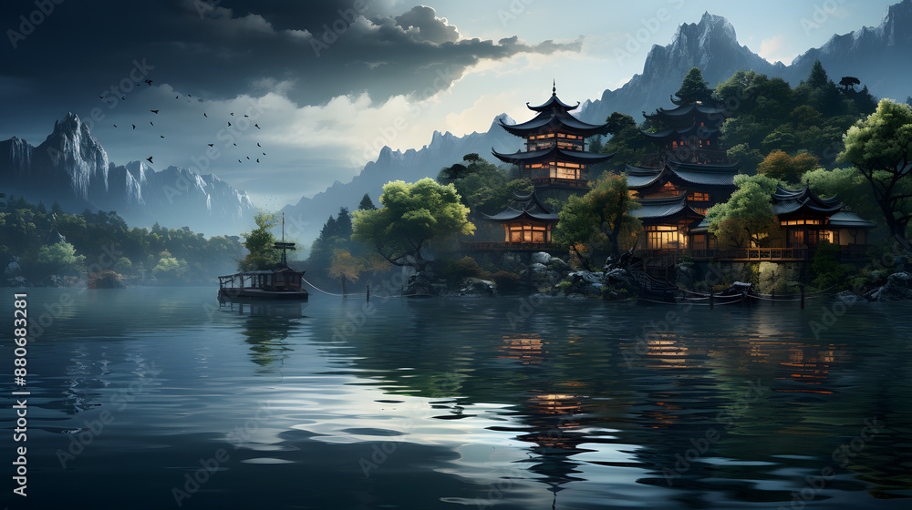 Obraz premium A serene and mystical temple nestled amidst lush greenery on a tranquil lake, as a gentle breeze carries the scent of pine and the sound of distant chanting.