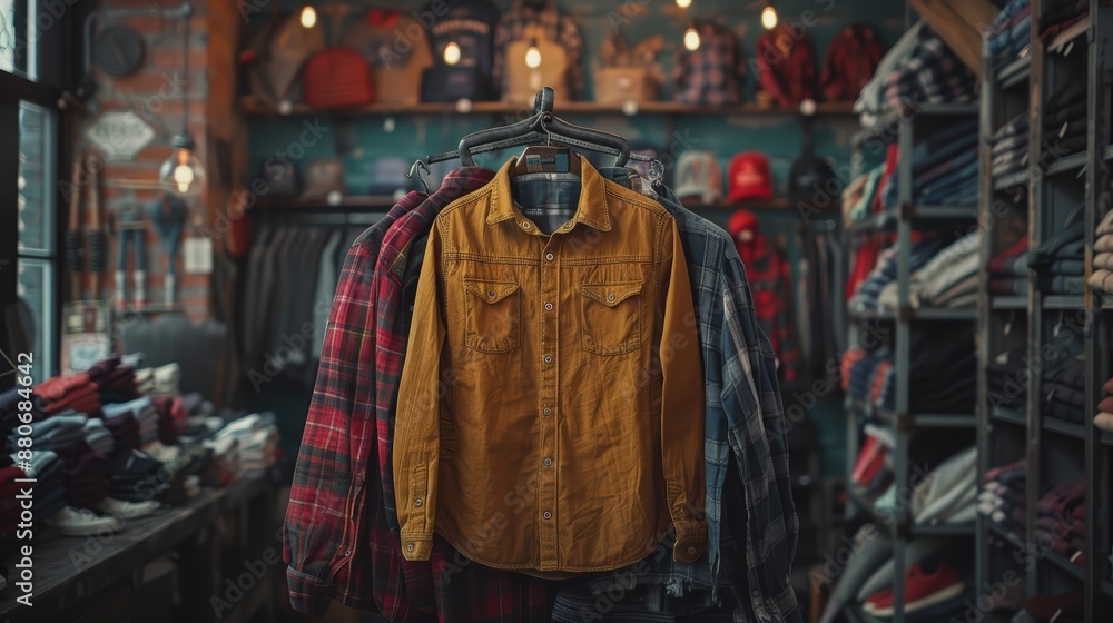 A meticulously arranged boutique shop with a rustic charm features a prominently displayed mustard yellow shirt among a selection of fashionable plaid shirts A meticulously arranged boutique shop with a rustic charm features a prominently displayed mustard yellow shirt among a selection of fashionable plaid shirts