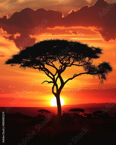 Africa Continent at Sunset: Acacia Tree Silhouette Against Map of Africa Background