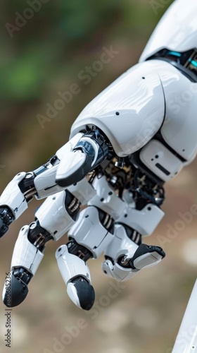 A robotic hand with intricate detail extends outwards, showcasing the mechanical complexity of artificial intelligence