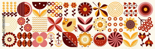 Ukrainian geometric floral pattern. Scandinavian style. Agriculture organic flower plants, eco concept. Summer illustration.