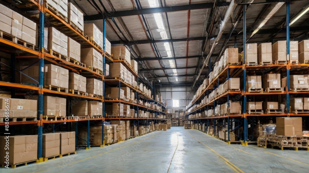 Fototapeta premium Warehouse room with racks with a large number of boxes, goods, parcels