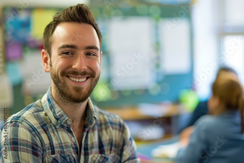 Smiling Caucasian Man in Plaid Shirt - Happy Student, Education, Learning Concept