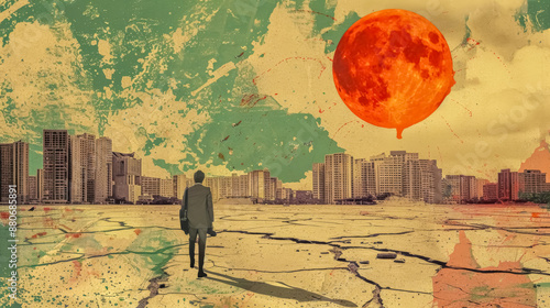 Businessman walking away from city under giant red moon photo