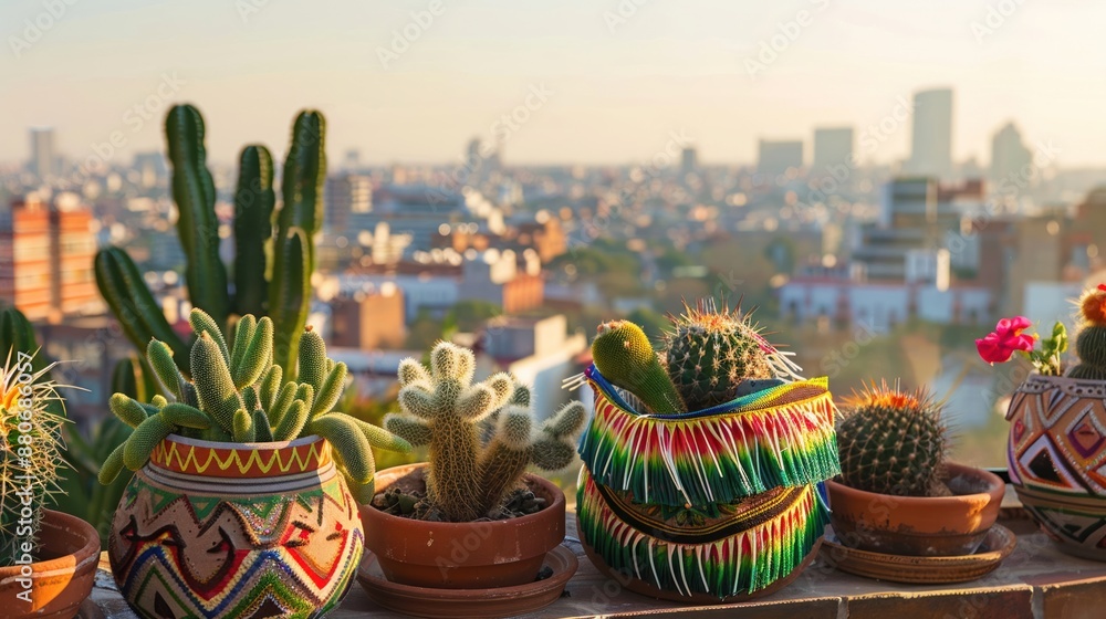 An urban rooftop party with cactus plants in sombreros An urban rooftop party with cactus plants in sombreros