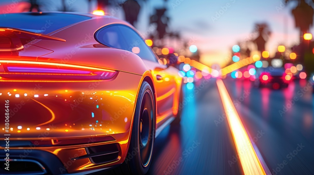 Fototapeta premium Orange Sports Car Driving Through City at Sunset