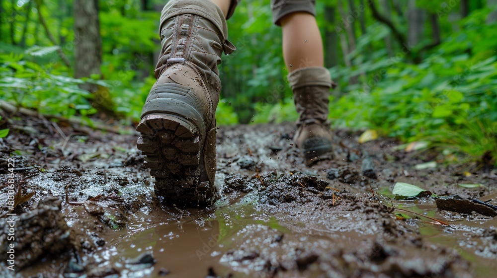 Hiker slipping slightly as they climb a muddy incline but continuing forward Stock Photo with copy space Hiker slipping slightly as they climb a muddy incline but continuing forward Stock Photo with copy space