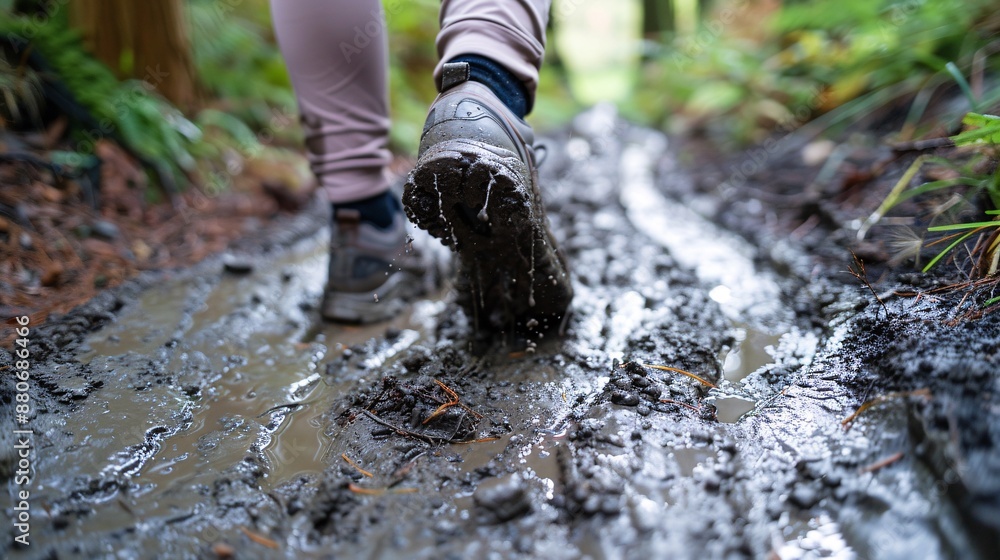 Person walking a muddy path their hands outstretched for balance and support Stock Photo with copy space Person walking a muddy path their hands outstretched for balance and support Stock Photo with copy space