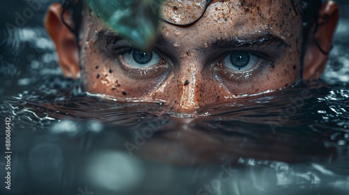 Individual pushing through a muddy swamp their face showing determination Stock Photo with copy space © anantachat