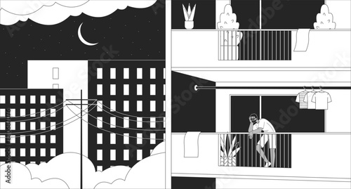 Black man standing on balcony late night black and white lofi wallpaper. Enjoys evening city introvert 2D outline cartoon flat illustration. Being at home alone vector line lo fi aesthetic background
